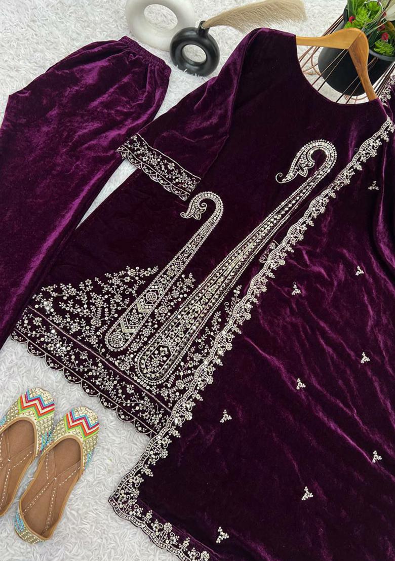Wine Embroidered Velvet Kurta Set