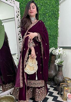 Wine Embroidered Velvet Kurta Set