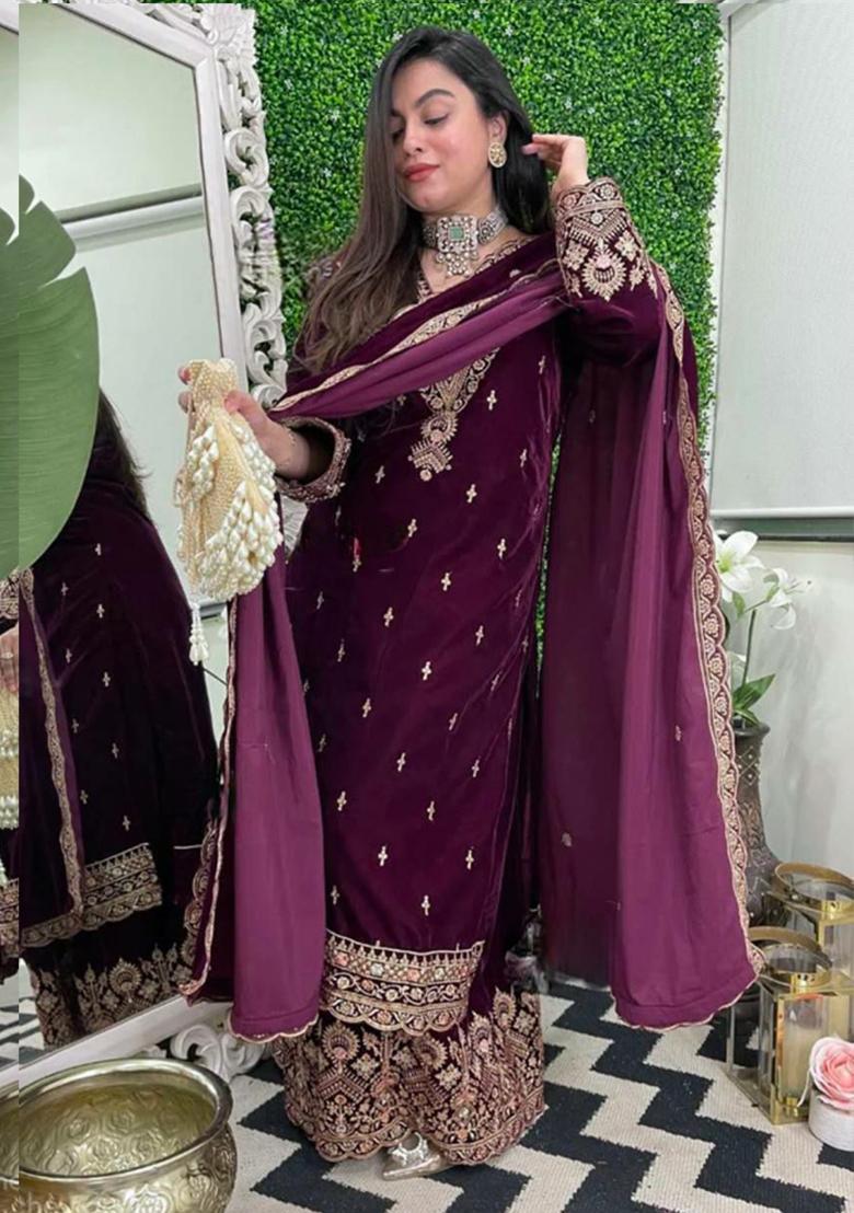 Wine Embroidered Velvet Kurta Set