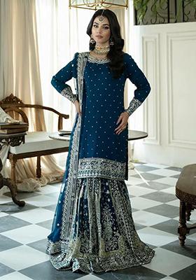 Blue Embroidered Georgette Kurta Set