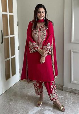 Red Embroidered Silk Kurta Set