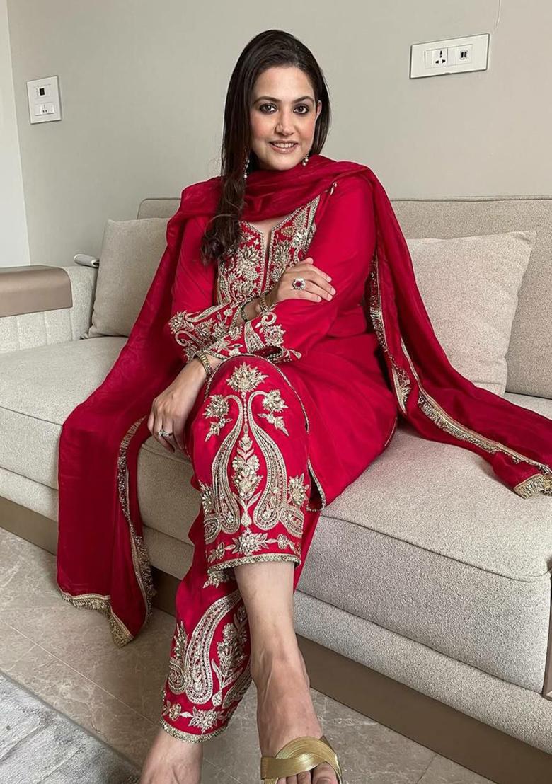 Red Embroidered Silk Kurta Set