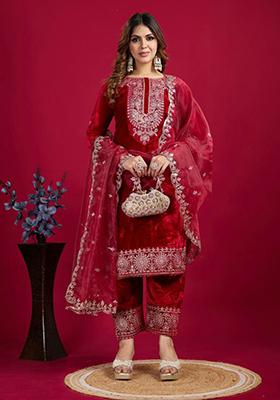 Red Embroidered Velvet Kurta Set