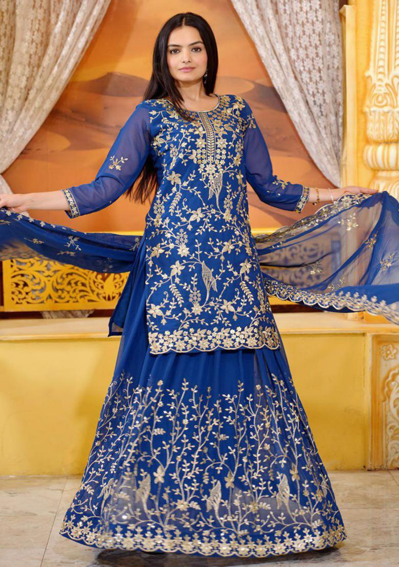 Blue Sequin Embroidered Georgette Kurta Set