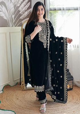 Black Embroidered Velvet Kurta Set