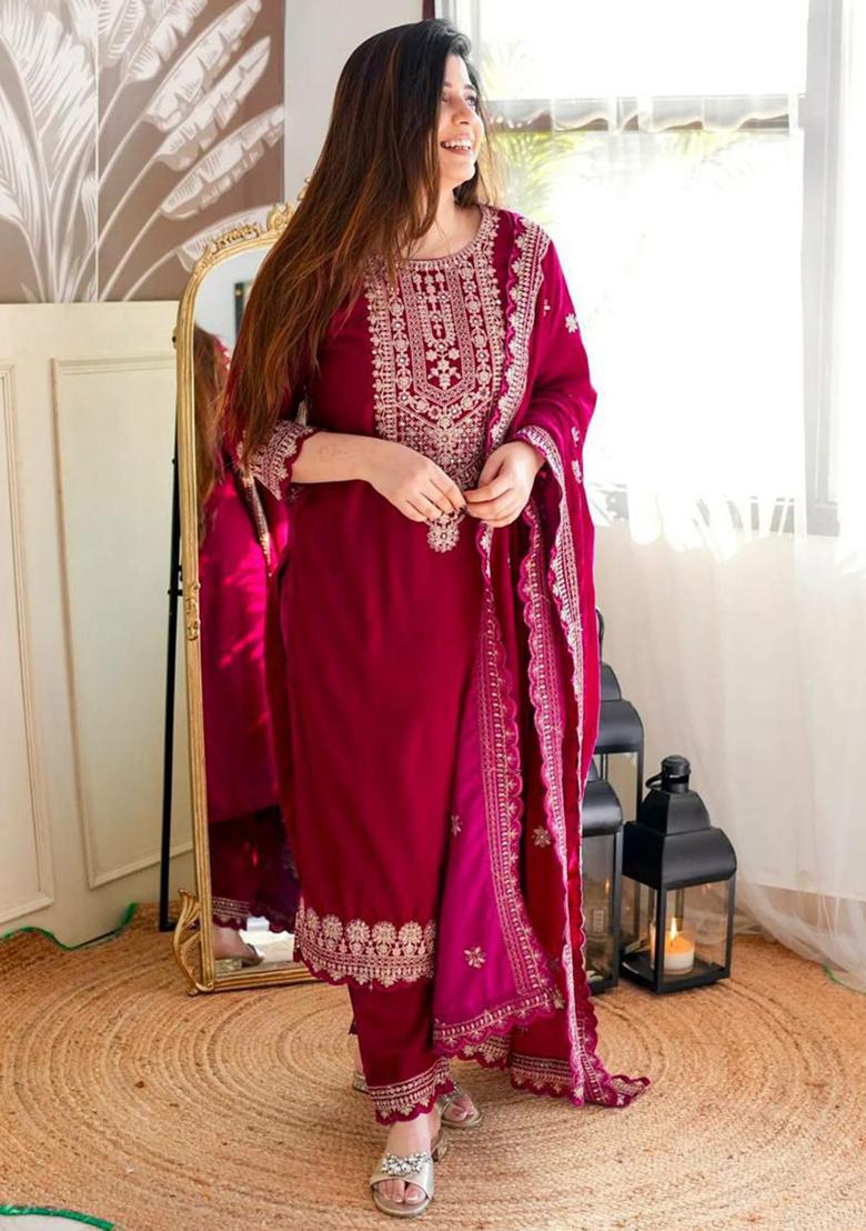 Red Embroidered Velvet Kurta Set