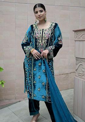 Blue Embroidered Velvet Kurta Set