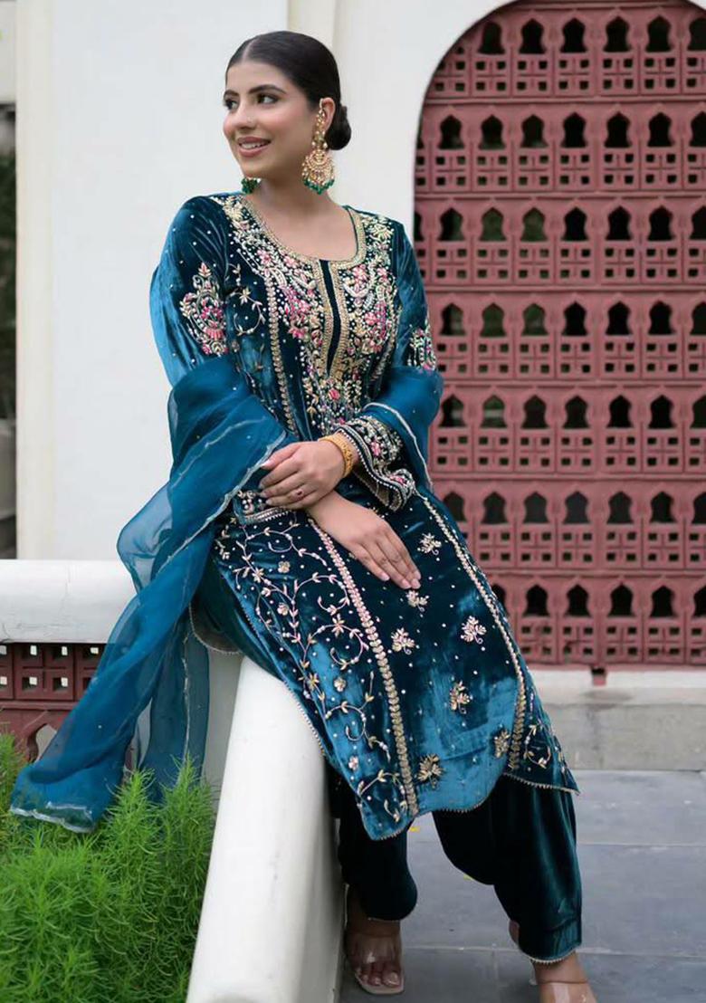 Blue Embroidered Velvet Kurta Set