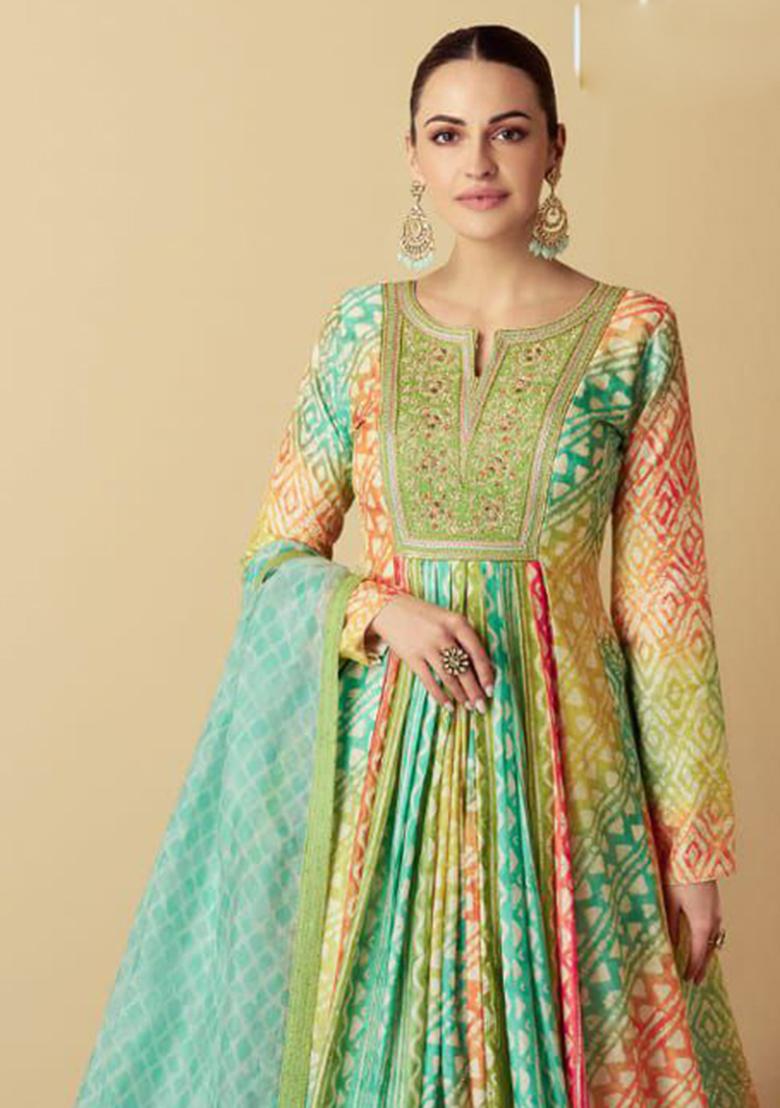 Multicolor Digital Print Silk Anarkali Set
