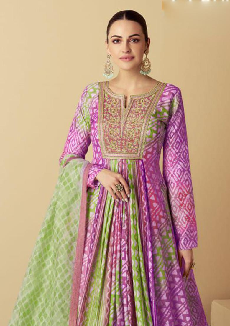 Multicolor Digital Print Silk Anarkali Set
