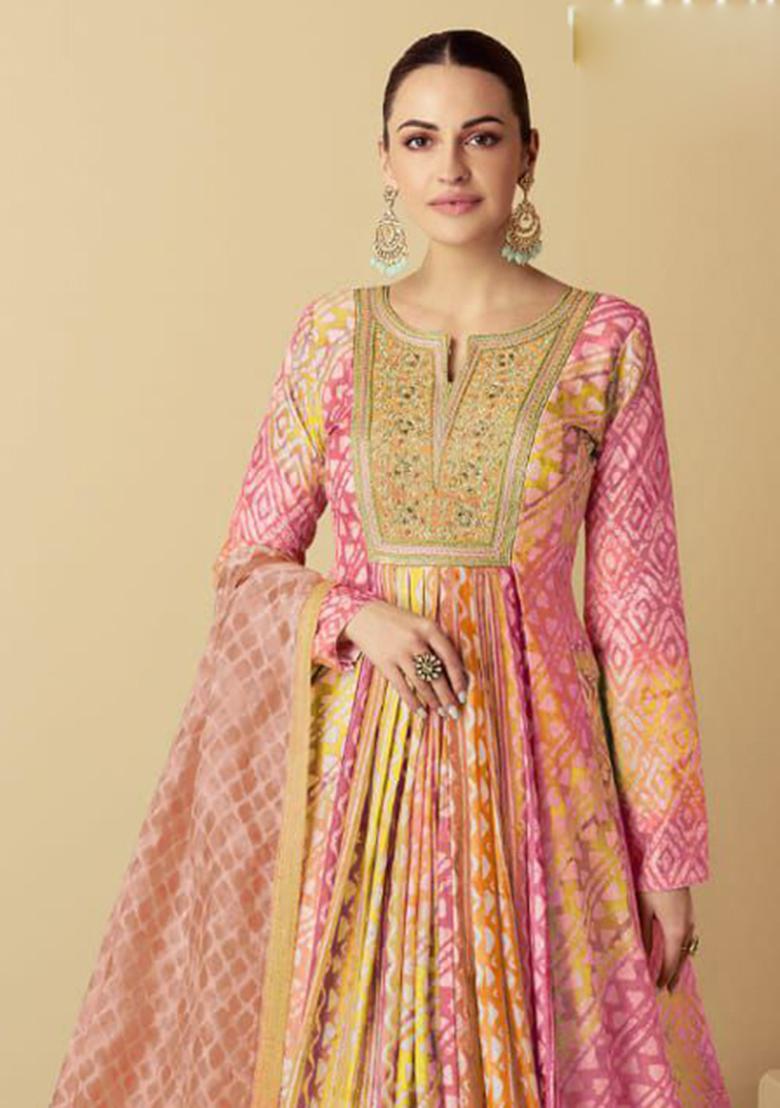Multicolor Digital Print Silk Anarkali Set