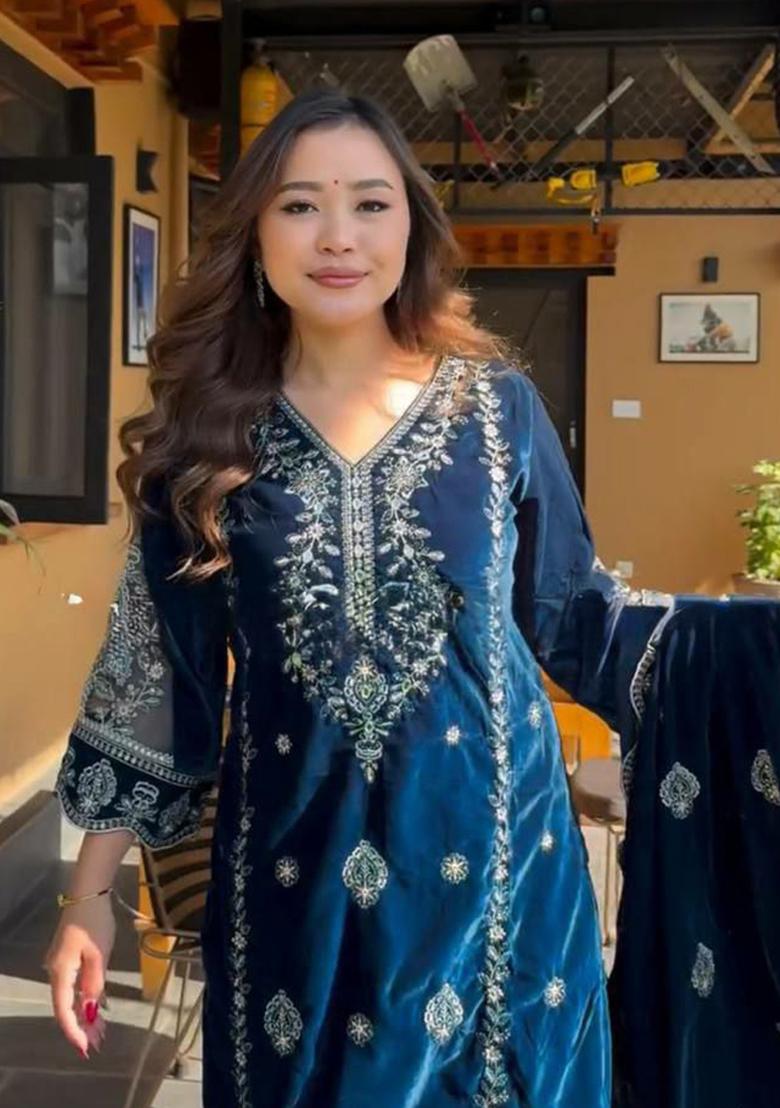 Blue Embroidered Velvet Kurta Set