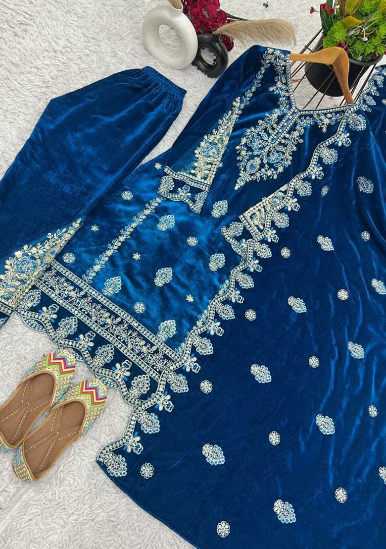Blue Embroidered Velvet Kurta Set
