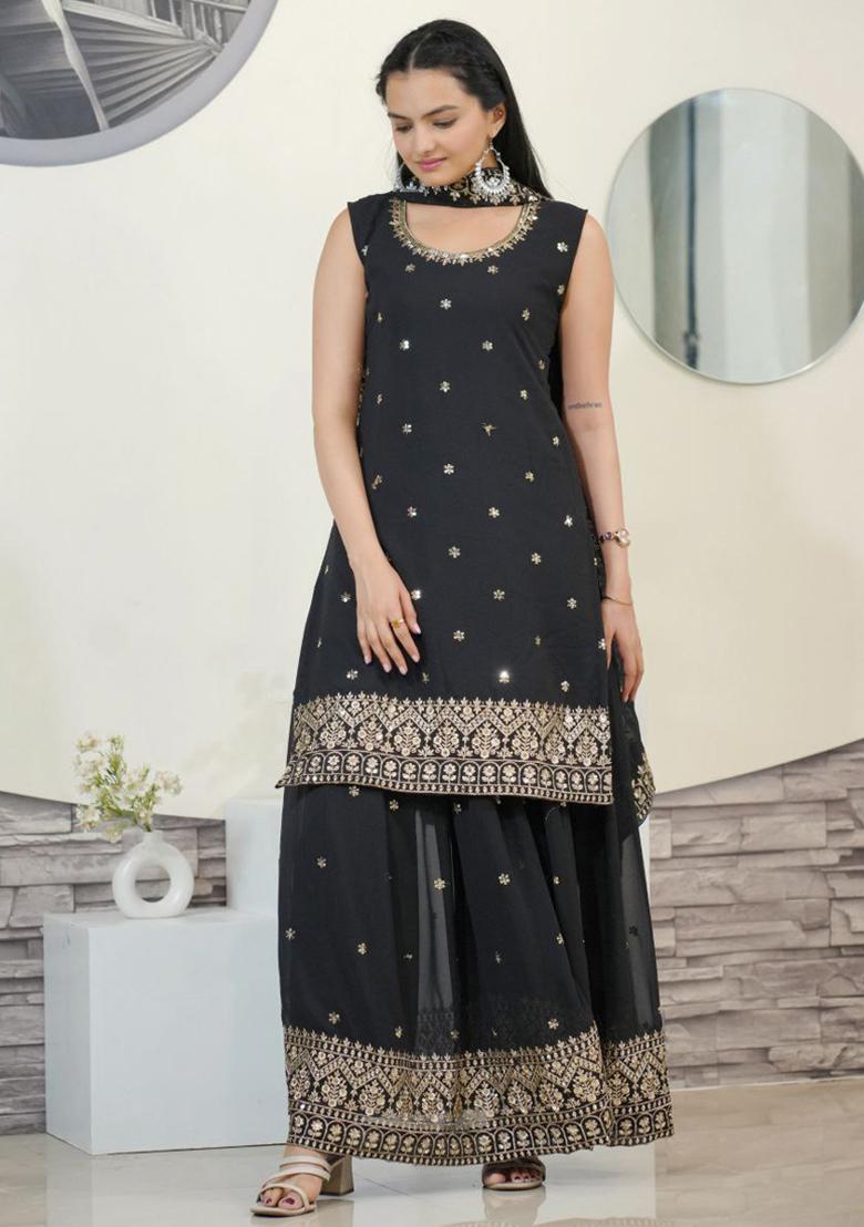 Black Embroidered Georgette Kurta Set