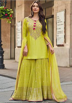 Parrot Green Embroidered Georgette Kurta Set