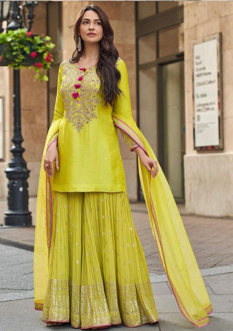 Parrot Green Embroidered Georgette Kurta Set