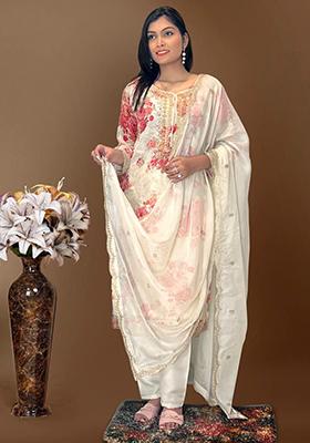 Off White Embroidered Organza Silk Kurta Set