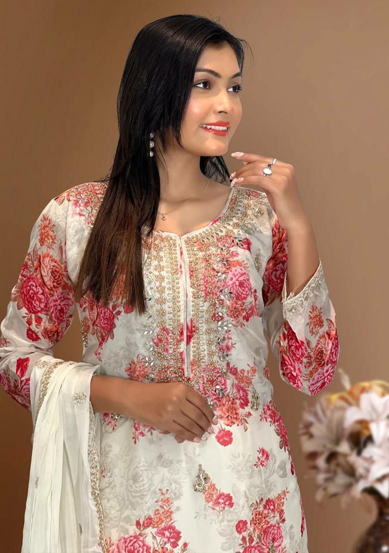 Off White Embroidered Organza Silk Kurta Set