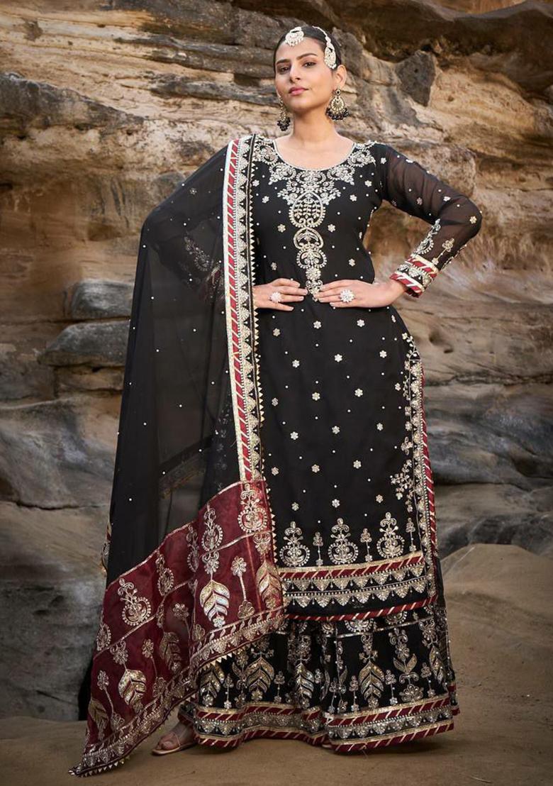 Black Thread Embroidered Georgette Kurta Set