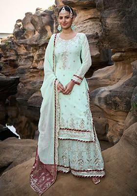 Lime Green Thread Embroidered Georgette Kurta Set