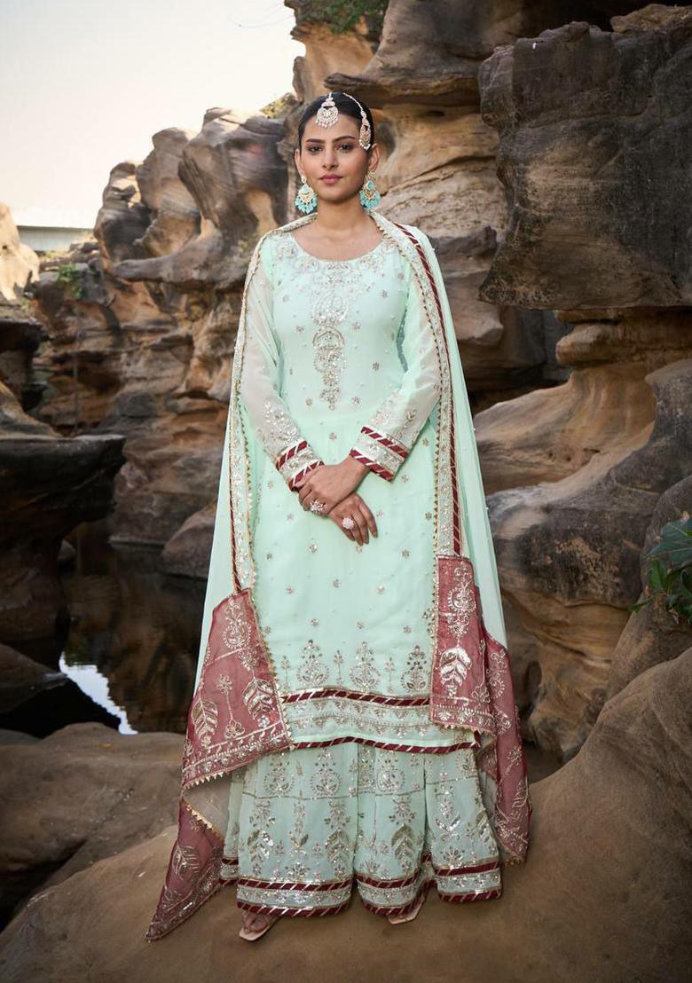 Lime Green Thread Embroidered Georgette Kurta Set