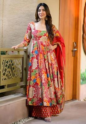 Red Printed Cotton Kurta Set