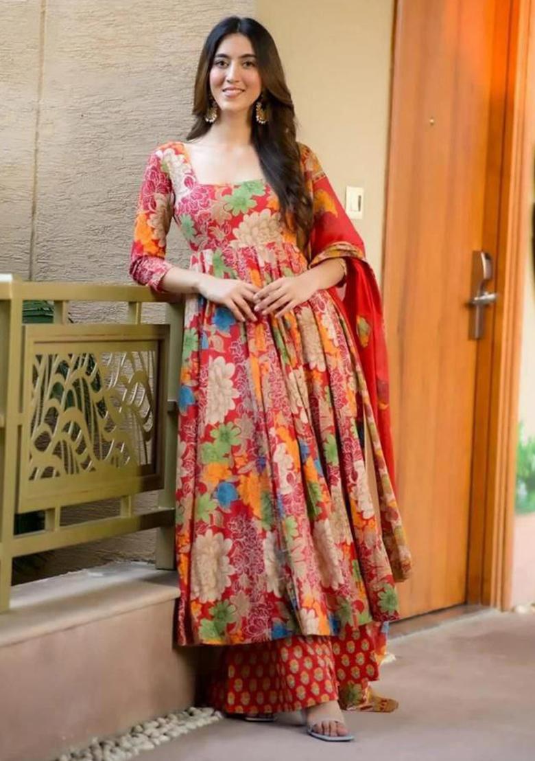 Red Printed Cotton Kurta Set