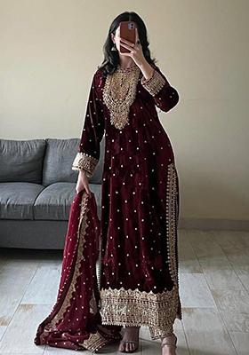 Brown Embroidered Velvet Kurta Set
