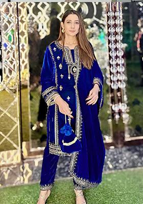 Blue Sequin Embroidered Velvet Kurta Set