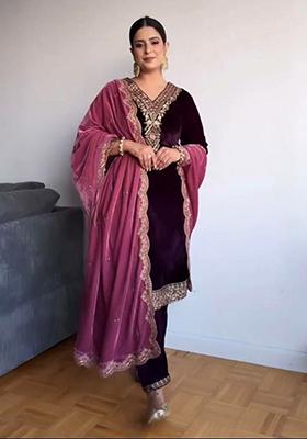 Wine Sequin Embroidered Velvet Kurta Set