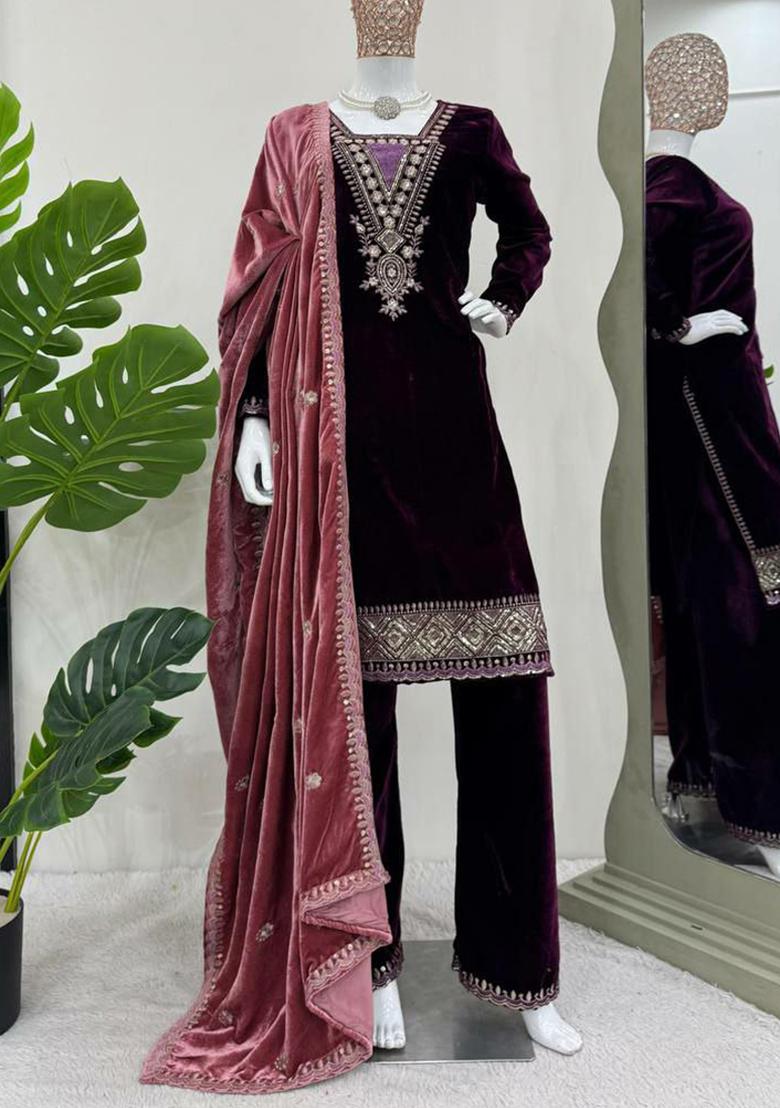 Wine Sequin Embroidered Velvet Kurta Set
