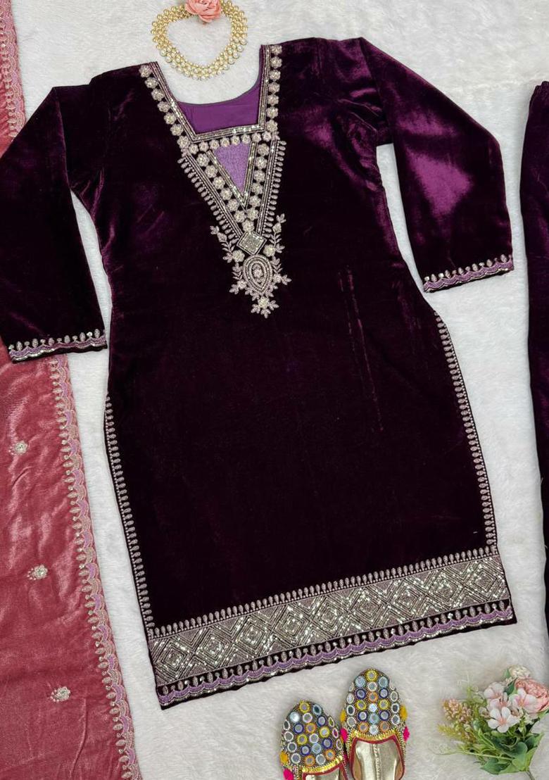 Wine Sequin Embroidered Velvet Kurta Set
