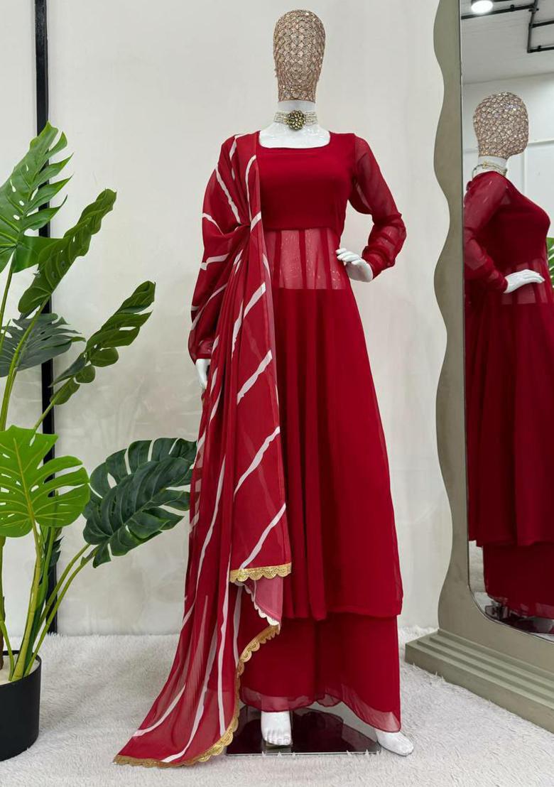 Red Solid Georgette Kurta Set