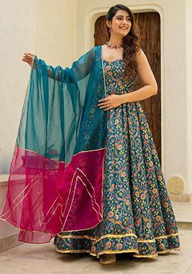 Turquoise Printed Organza Silk Anarkali Set