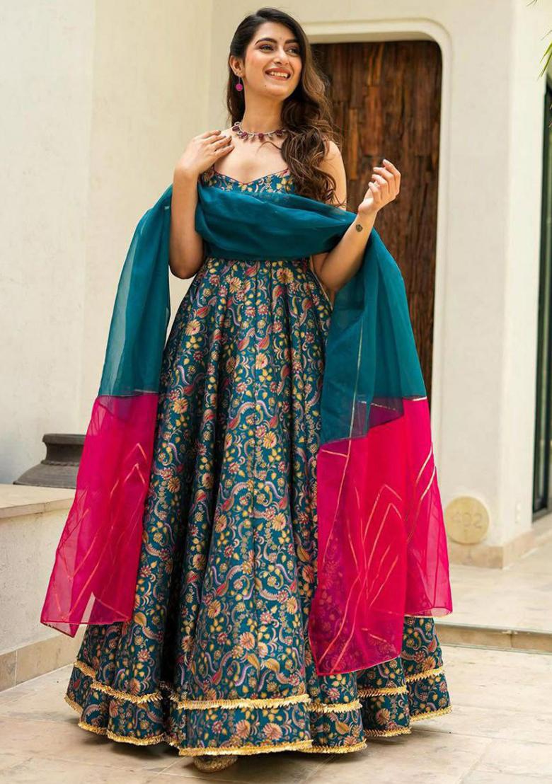 Turquoise Printed Organza Silk Anarkali Set
