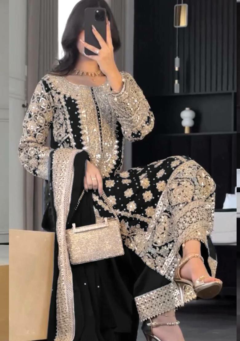 Black Embroidered Georgette Kurta Set