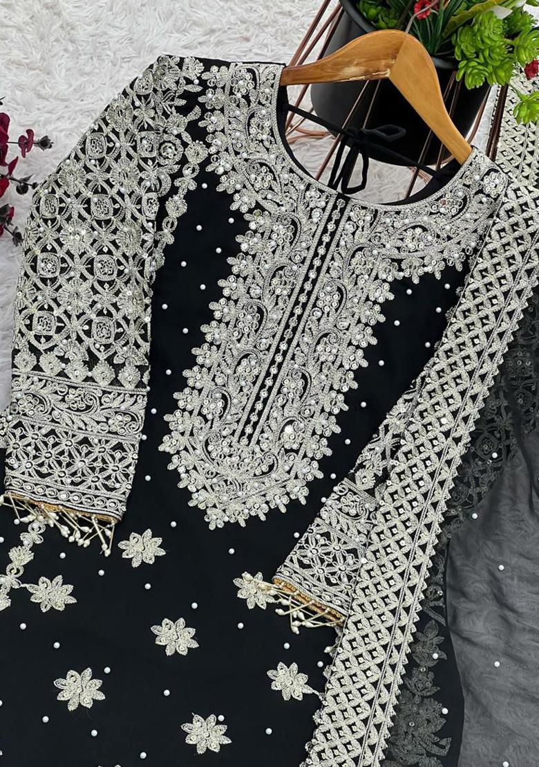 Black Embroidered Georgette Kurta Set
