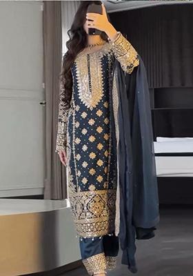 Blue Embroidered Georgette Kurta Set