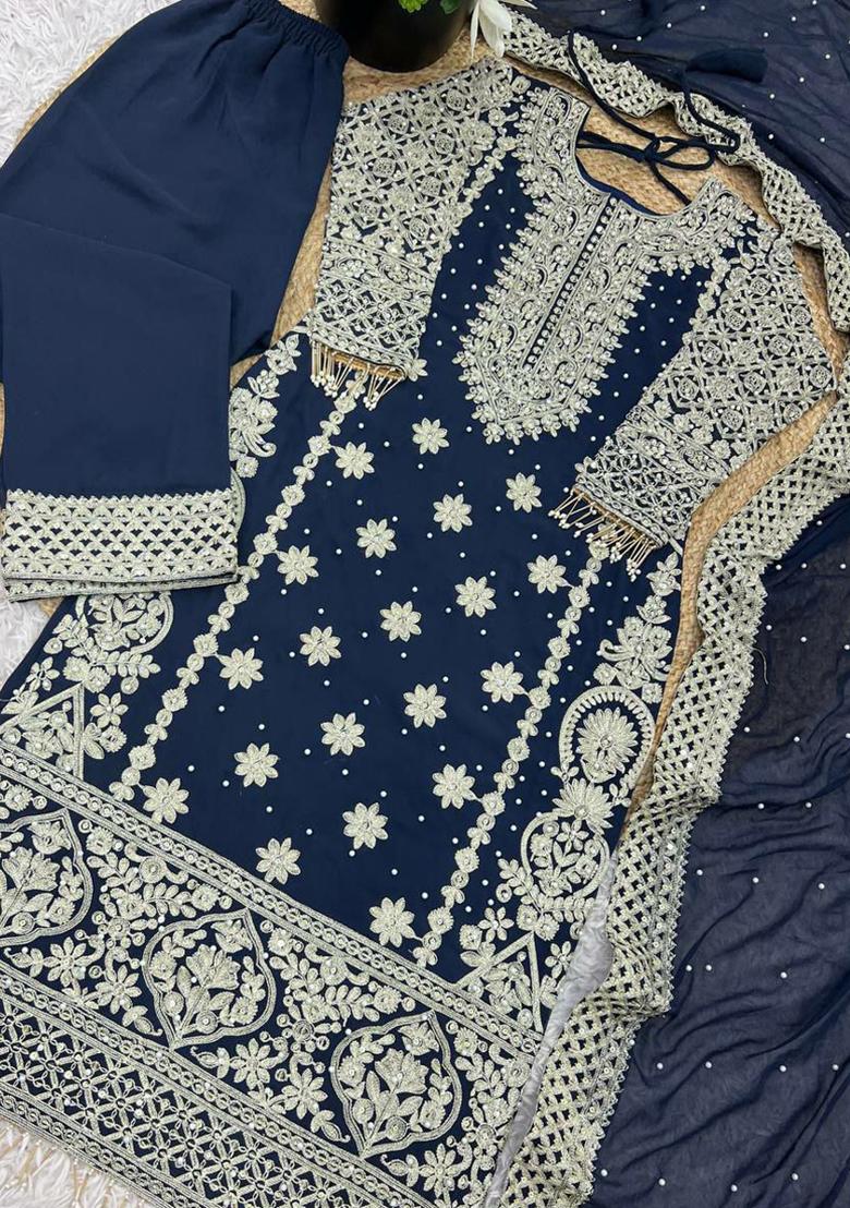 Blue Embroidered Georgette Kurta Set