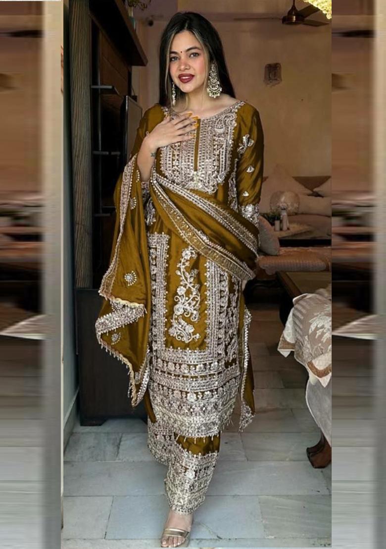 Beige Sequin Embroidered Chinon Silk Kurta Set