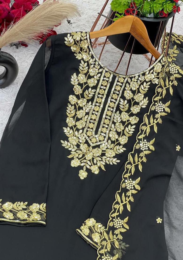 Black Sequin Embroidered Georgette Kurta Set