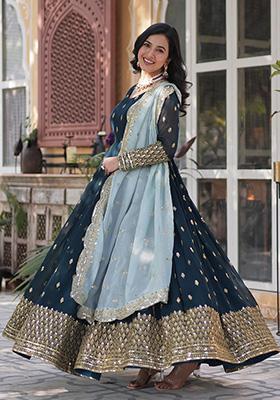 Blue Embroidered Cotton Anarkali Set