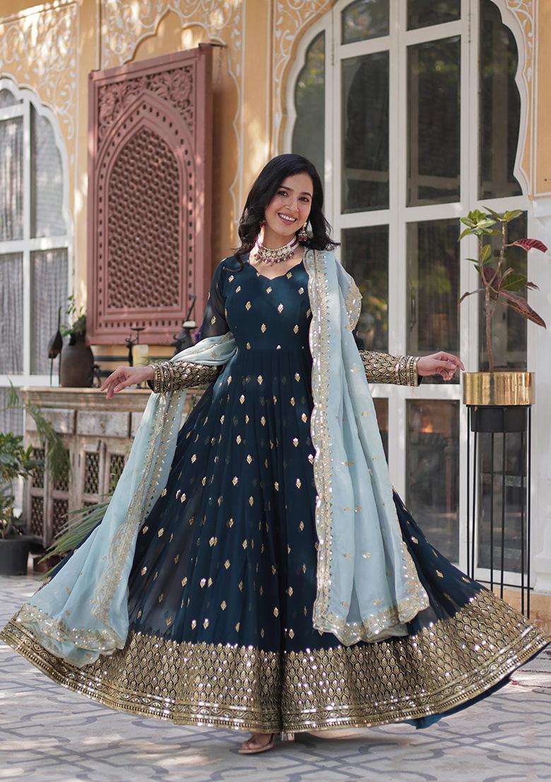 Blue Embroidered Cotton Anarkali Set - Indya