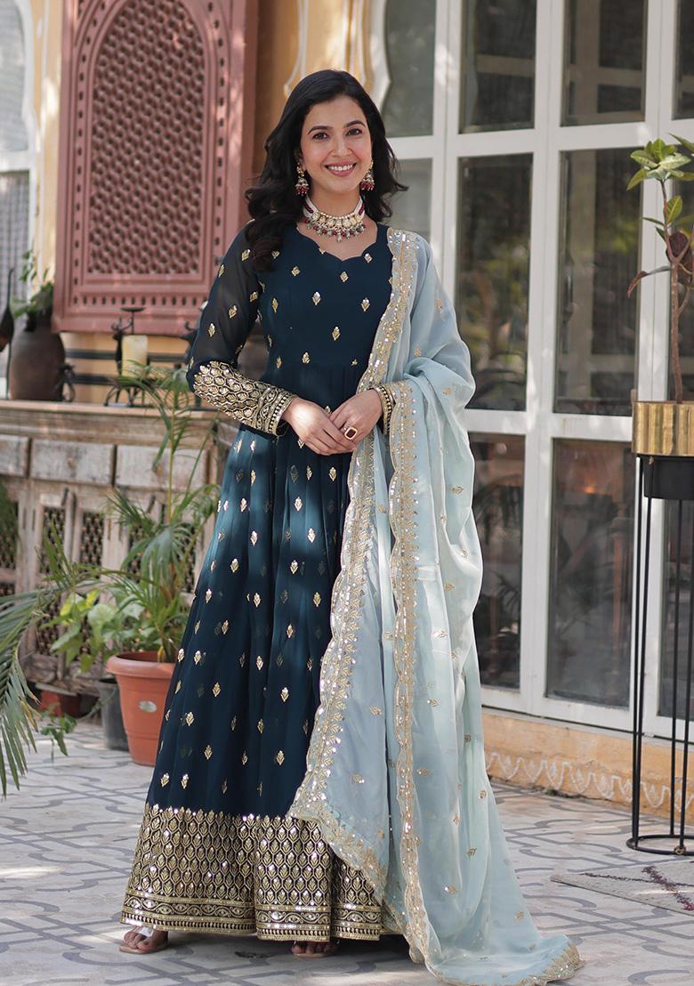 Blue Embroidered Cotton Anarkali Set - Indya