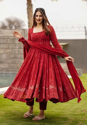 Maroon Embroidered Georgette Anarkali Set