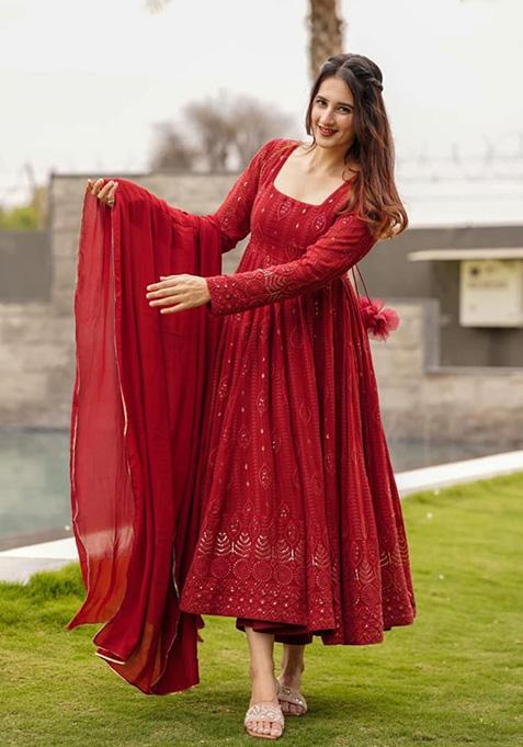 Maroon Embroidered Georgette Anarkali Set