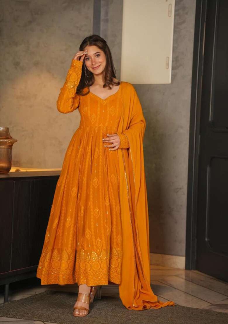Yellow Embroidered Georgette Anarkali Set - Indya