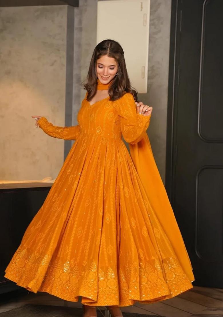 Yellow Embroidered Georgette Anarkali Set
