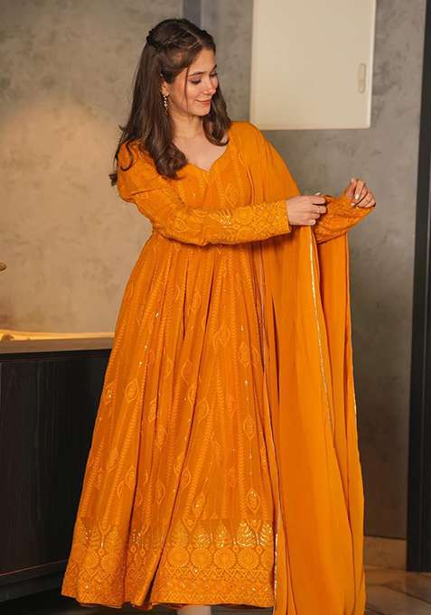 Yellow Embroidered Georgette Anarkali Set - Indya