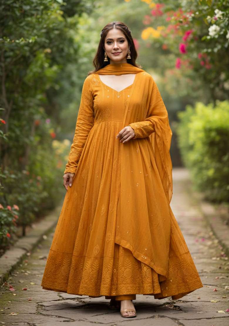 Yellow Embroidered Georgette Anarkali Set - Indya